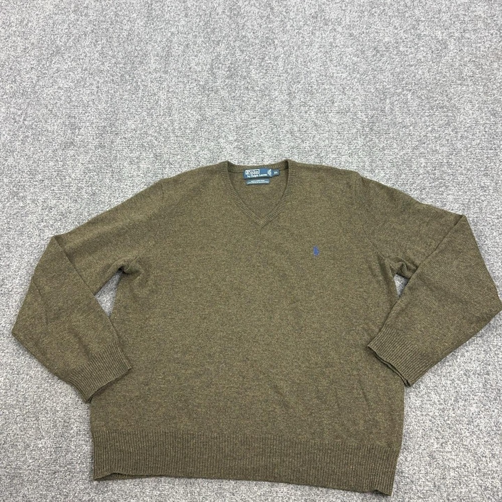 VTG Polo By Ralph Lauren Sweater Mens XL Green V Neck Lambswool Knit Pullover